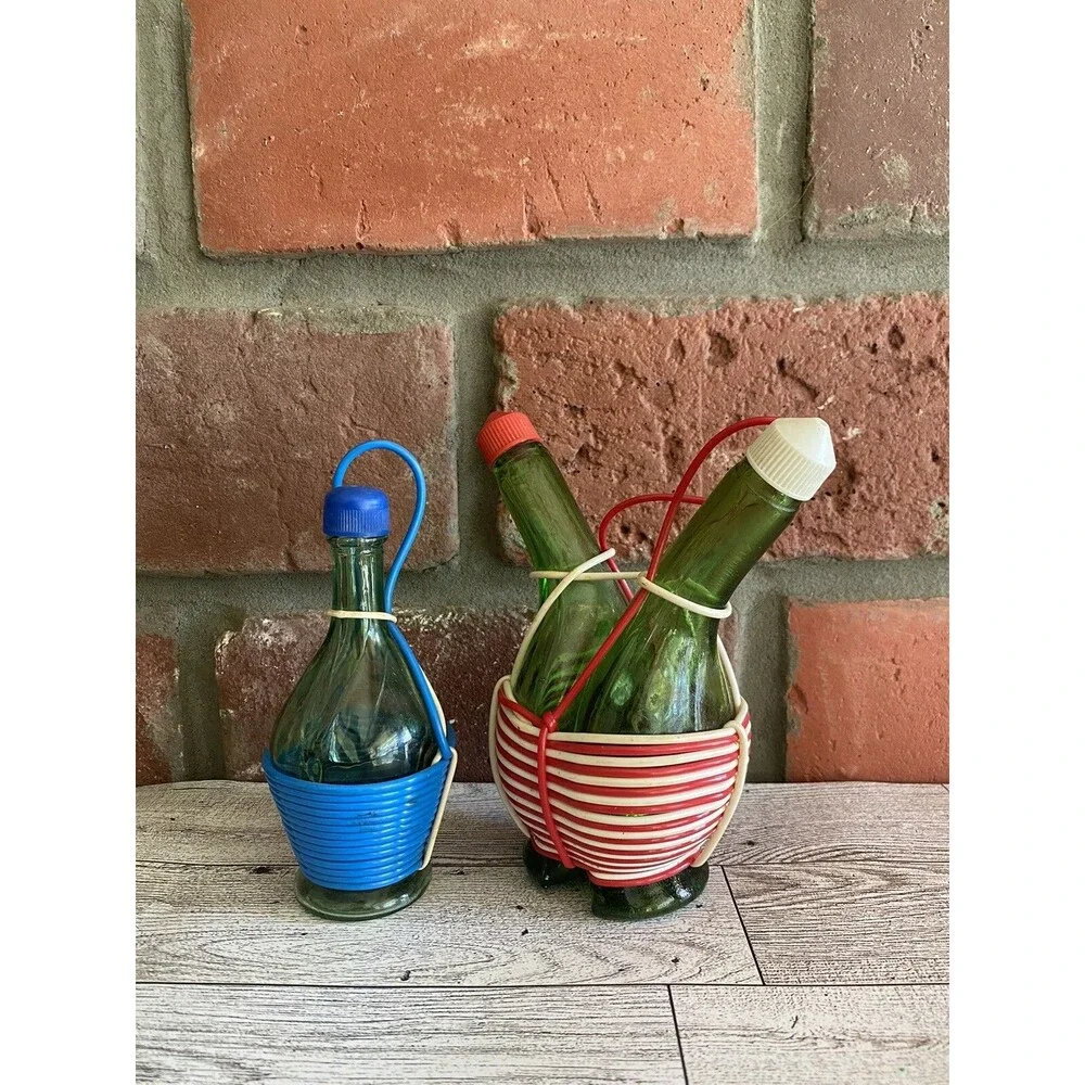 Oil & Vinegar Cruet Italy Double Crook Neck Wrapped Red White Blue Extra Bottle